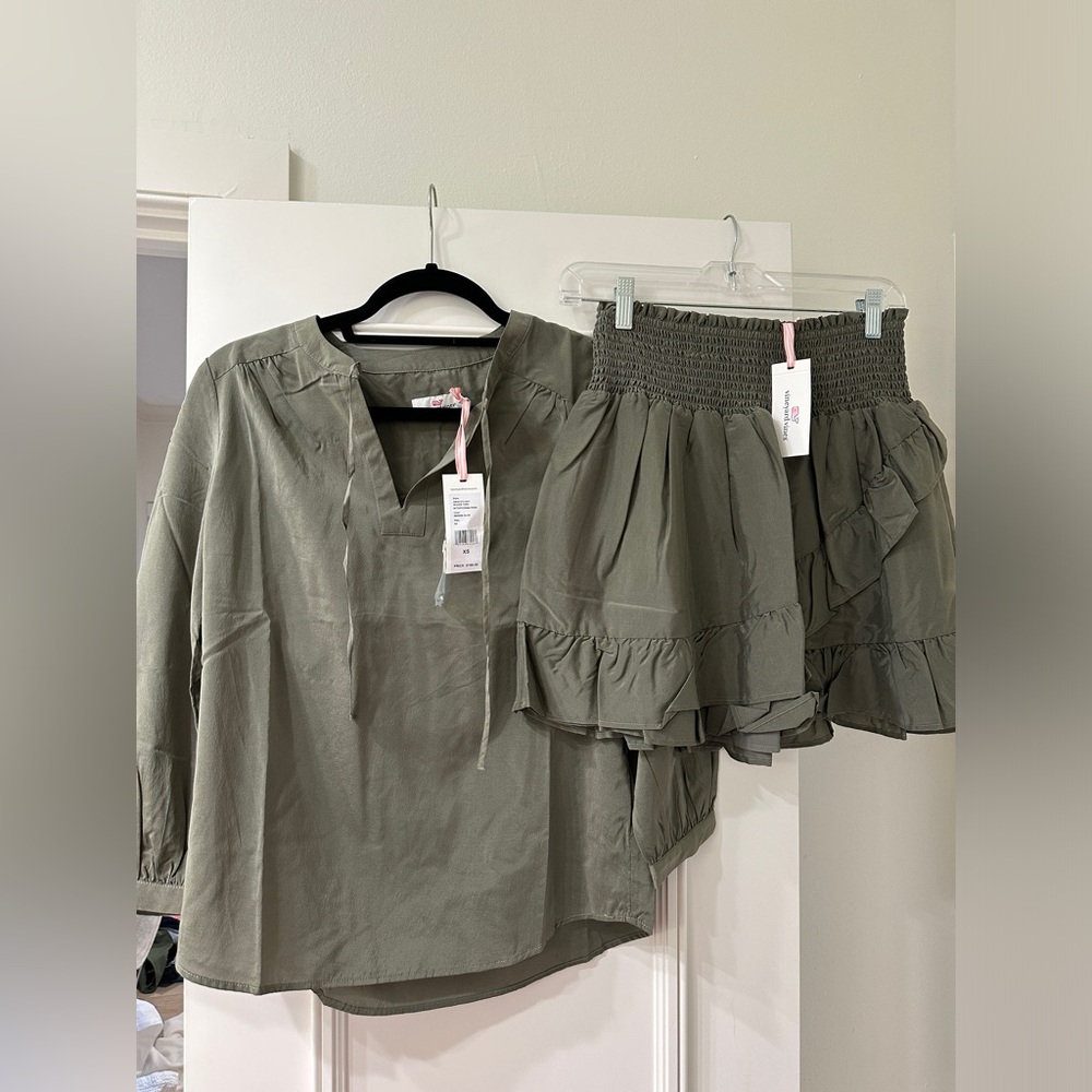 Vineyard Vineyard Olive green matte satin Savannah popover top/ matching skirt